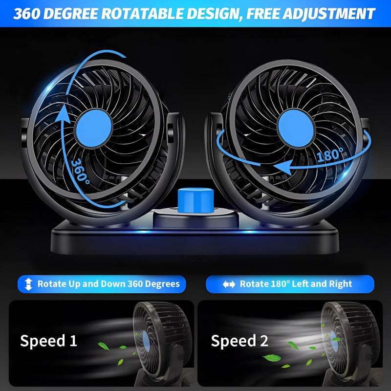 Dual-Headed 360° Rotating Car Fan – Quiet, Powerful & Adjustable Airflow - The Riyadh Store